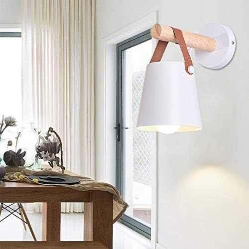 Wall Light Sconce LED E27 Wooden Leather Modern Bedroom Bedside White Lamp