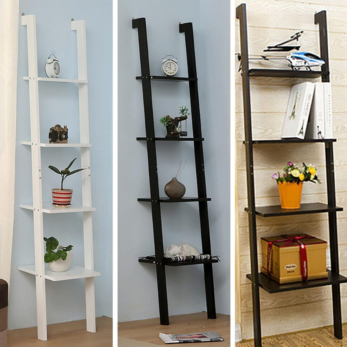 Ladder Shelf Bookcase Rack 4 Tier Tall Leaning Open Storage Black 160cm
