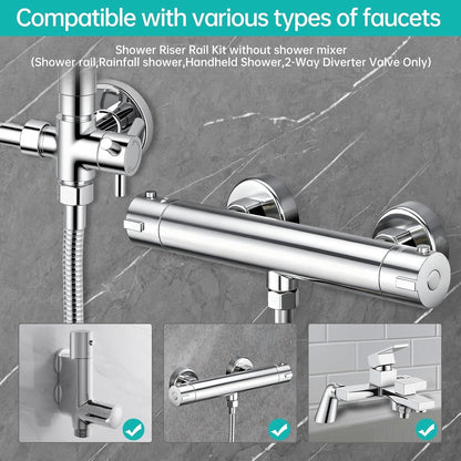 Shower Riser Rail Kit 8in Rainfall Head Handheld Chrome Adjustable Bathroom Set