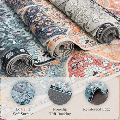 Washable Vintage Rug Large Blue Floral Non Slip Living Room Carpet 200x300cm