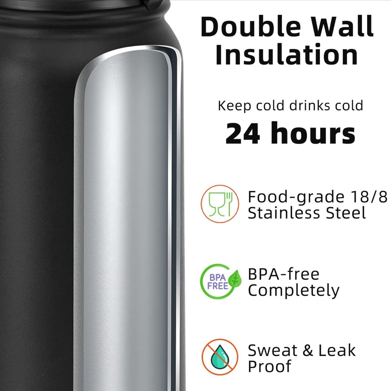 Fanhaw 600 ml Insulated Stainless Steel Water Bottle with 1 Lid (Chug Lid) - Fo