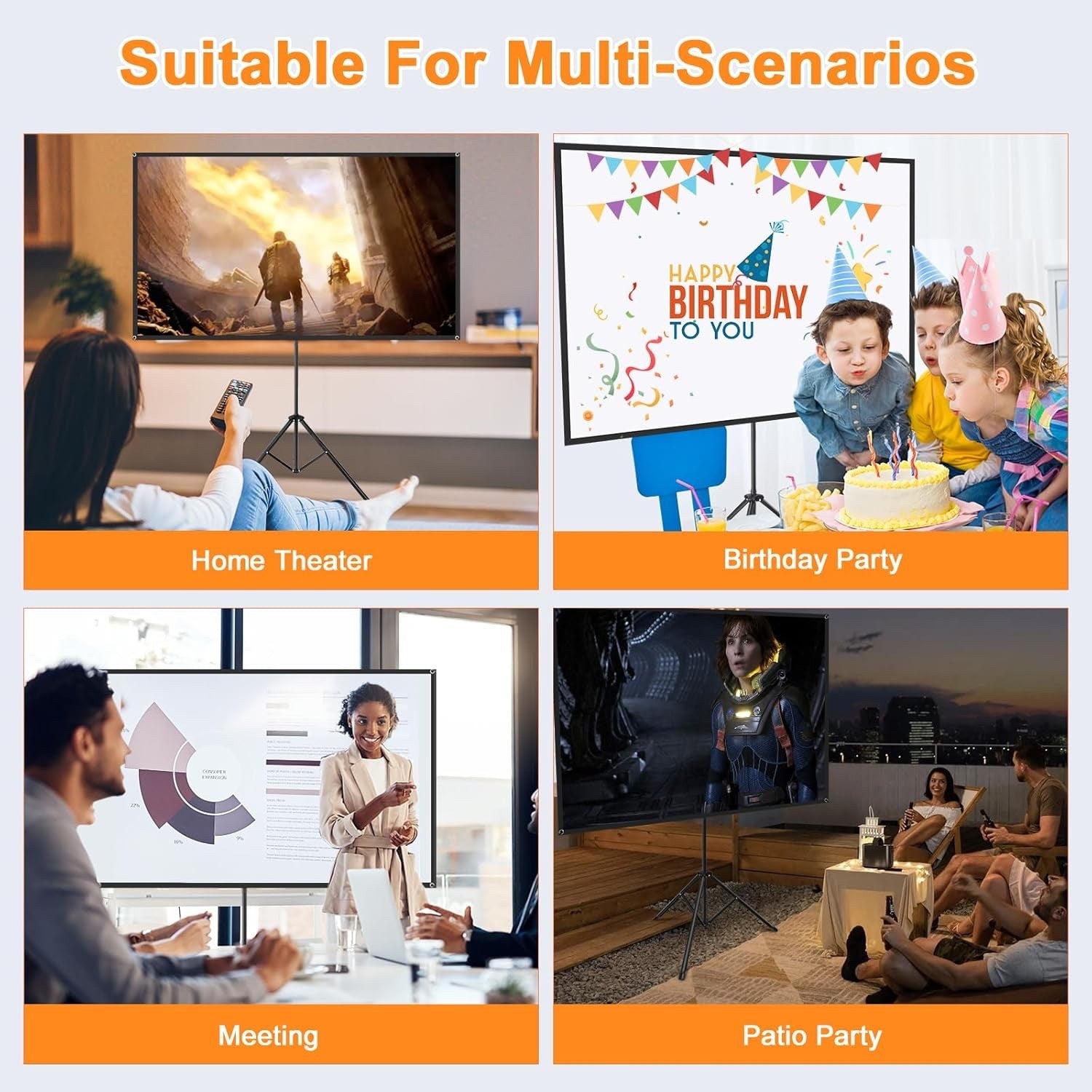 80in 4K Fiberglass Projector Screen with Tripod 16:9 HD Outdoor Portable