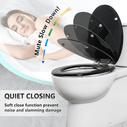 Toilet Seat Soft Close Black Wooden Oval Adjustable Hinges Quick Release 45x37cm