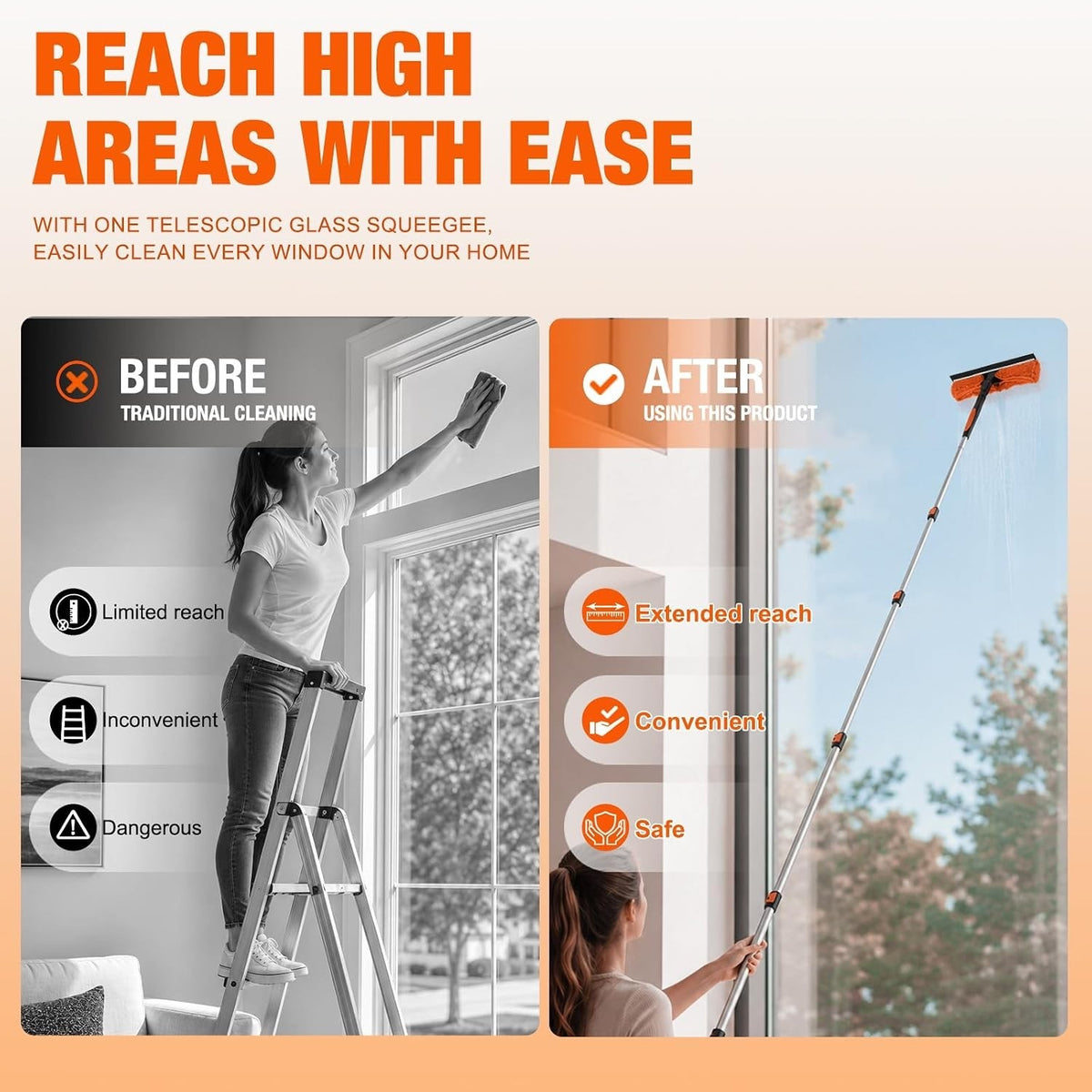 Window Cleaning Pole Telescopic 7.2m Extendable Squeegee 2 in 1 Microfibre Kit
