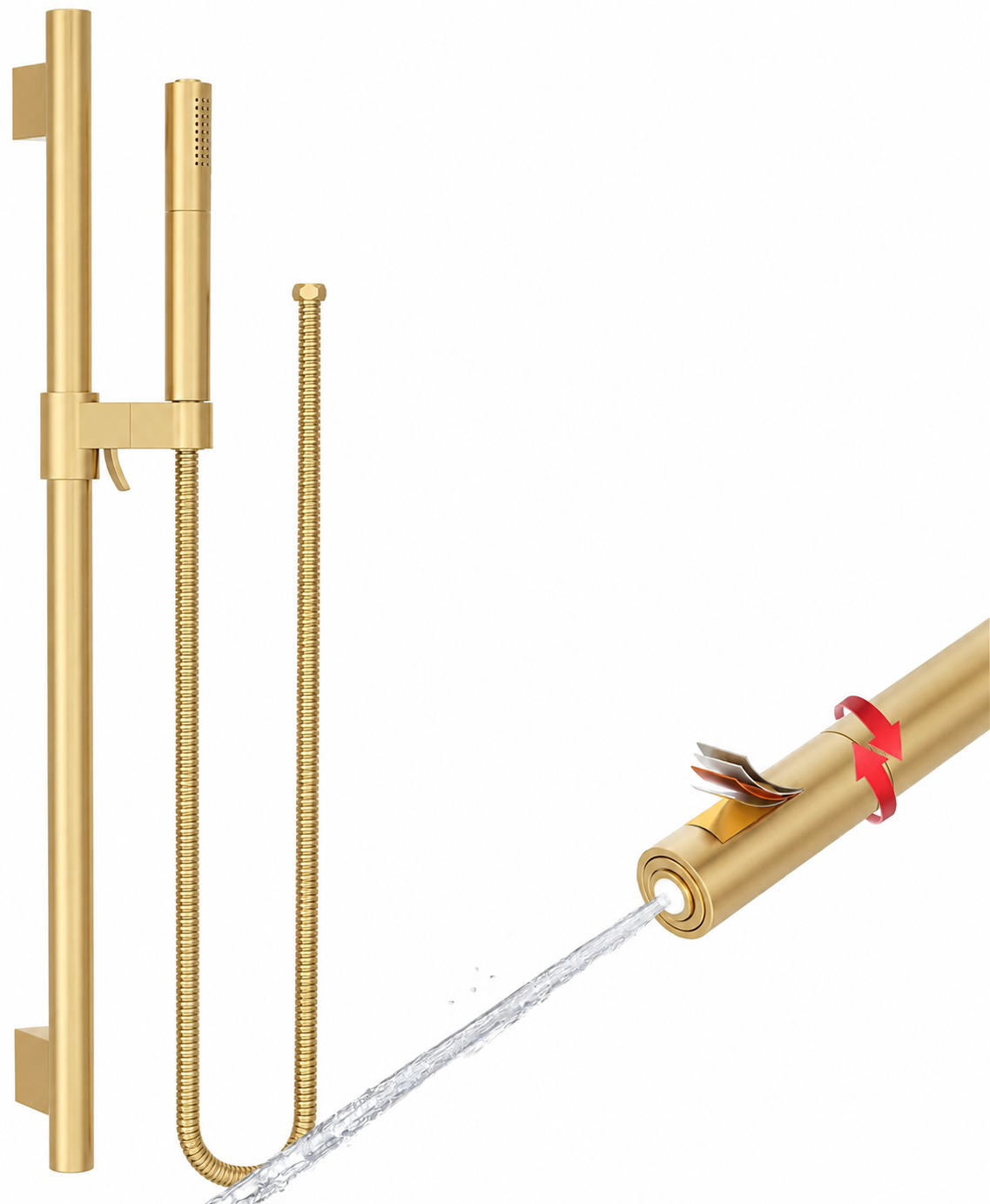 Shower Riser Rail Kit Brushed Gold Pressure Boost Head Hose Adjustable Holder