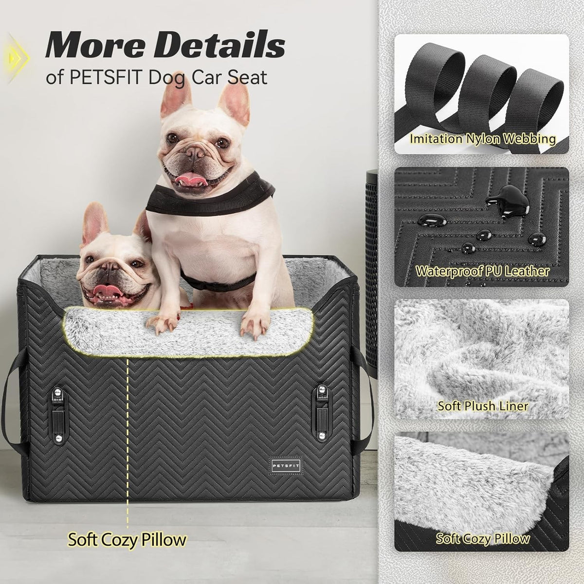 Dog Car Booster Seat Medium Black Leather 59x45x34cm Safety Leash Foldable 25lb