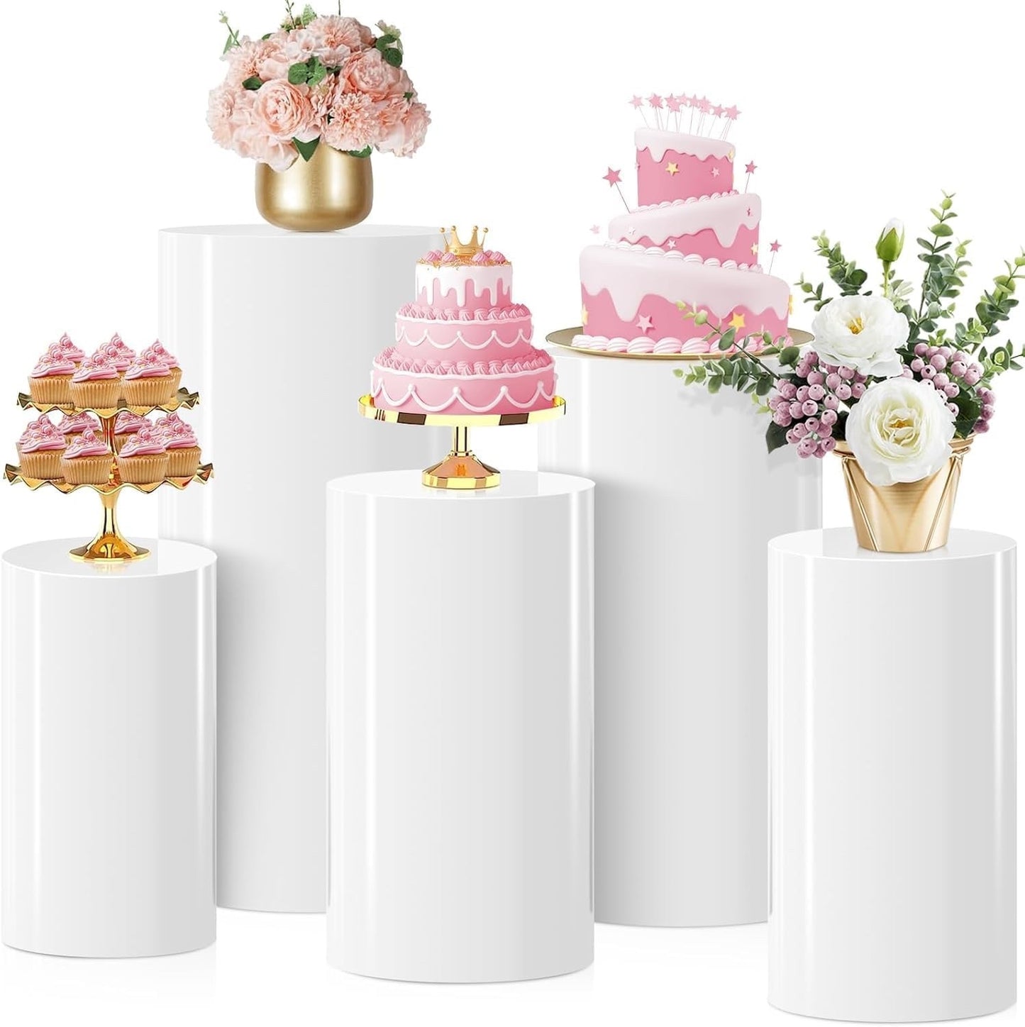 Cylinder Pedestal Stands 5pcs White Party Plinth Display Wedding Cake Tables