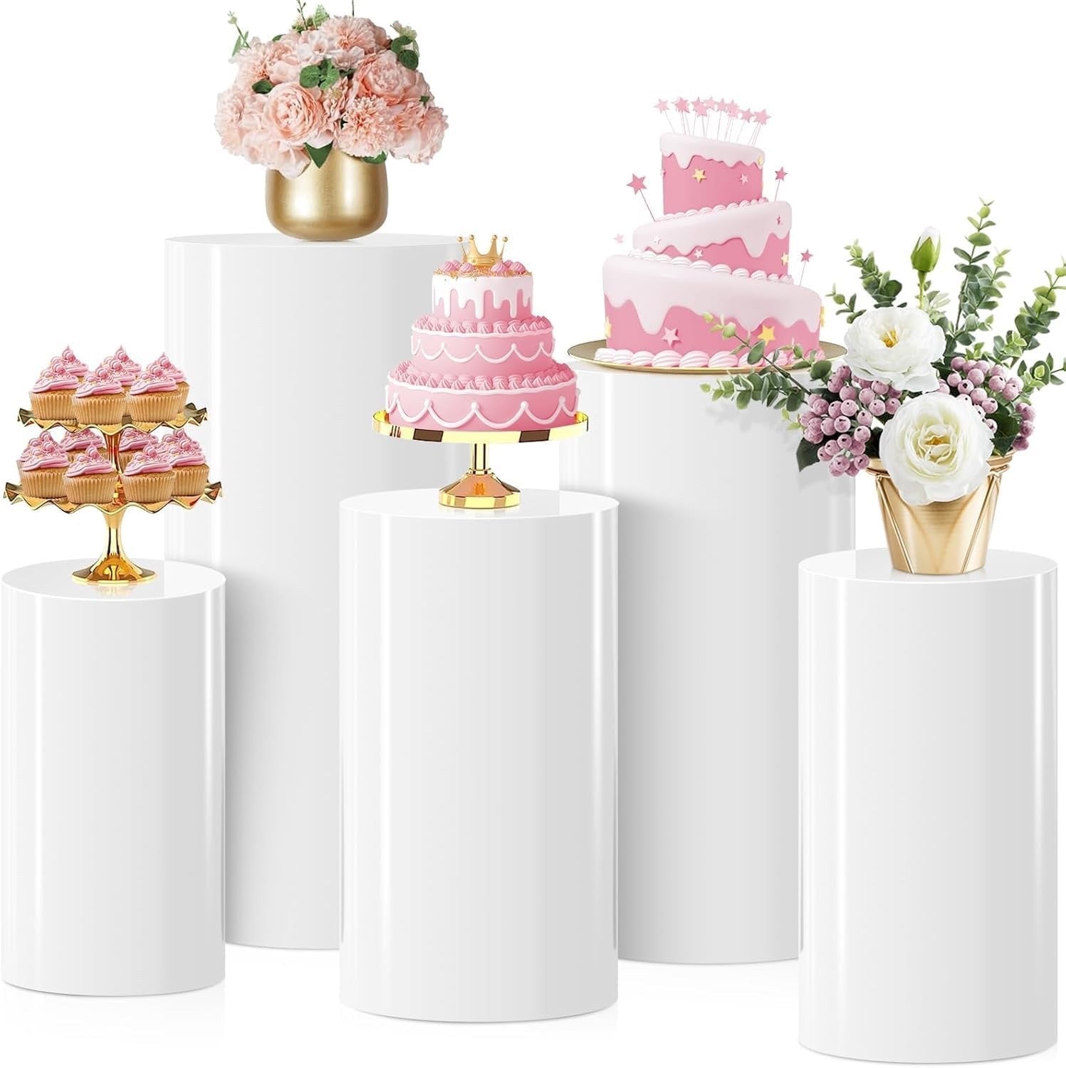 Cylinder Pedestal Stands 5pcs White Party Plinth Display Wedding Cake Tables