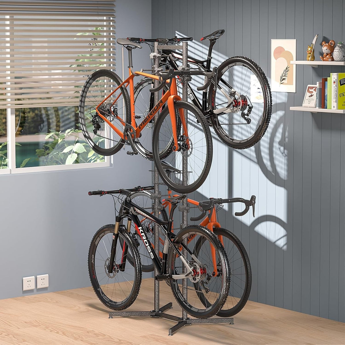 Bike Storage Rack Stand 4 Bicycle Floor Holder Garage Organiser with Basket