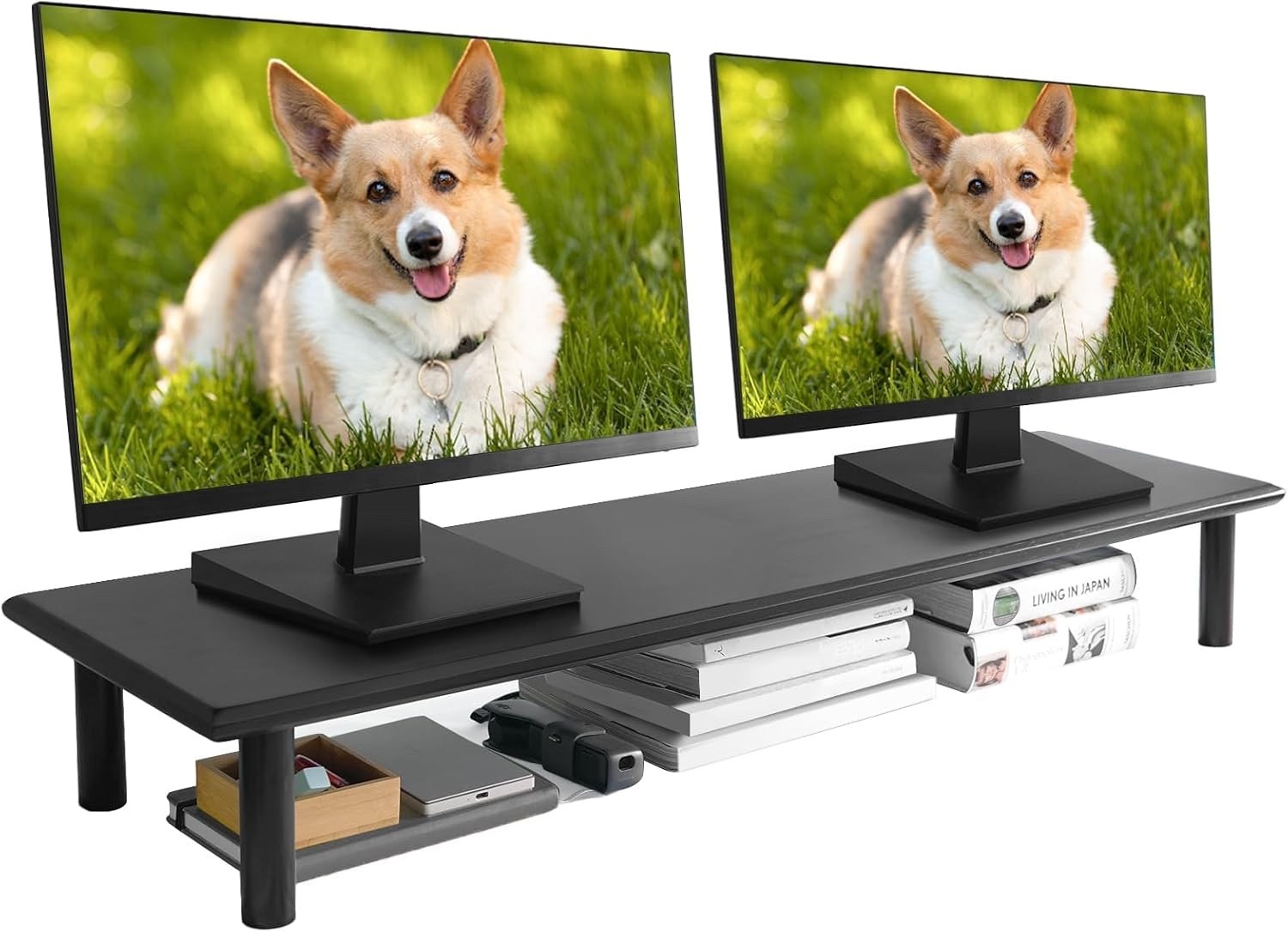 Bamboo Dual Monitor Stand Riser Adjustable Height Desk Shelf PC TV