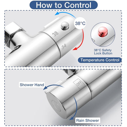 Chrome Thermostatic Shower Mixer Set Rainfall Handheld Adjustable Rail 80-117cm