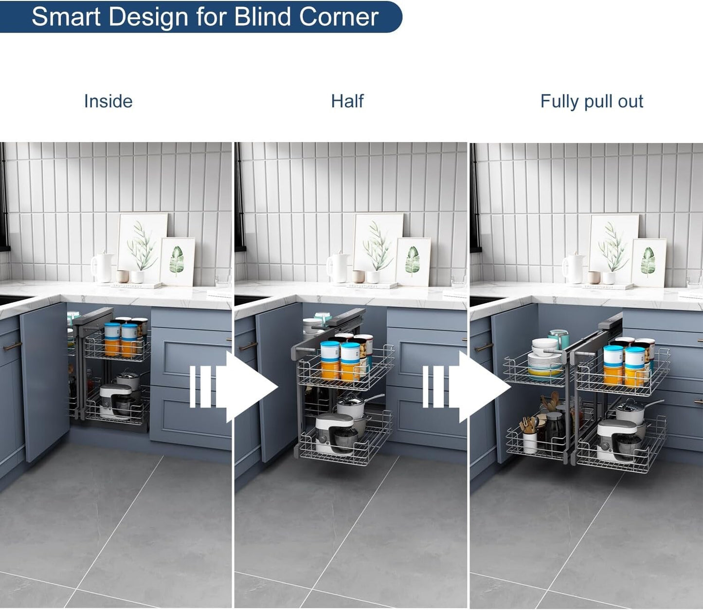 VADANIA Modern Blind Corner Kitchen Organiser 4 Compartments Grey 5.5 sq ft