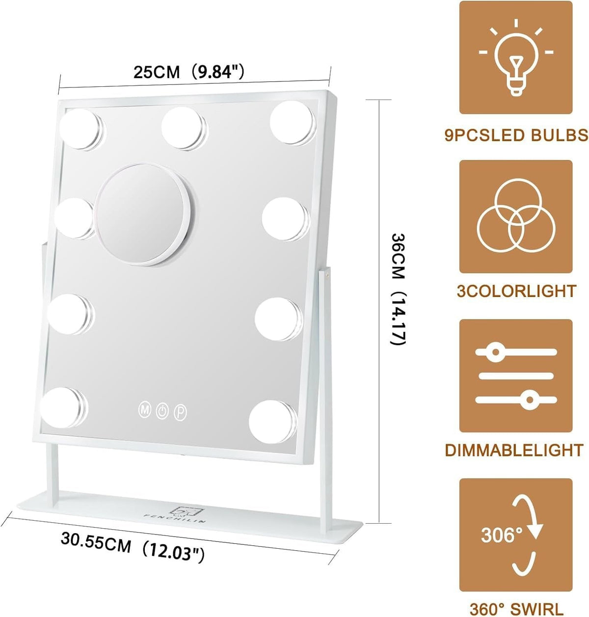 Vanity Mirror Hollywood Makeup LED 9 Bulbs 360 Rotation 10x Magnifier Touch