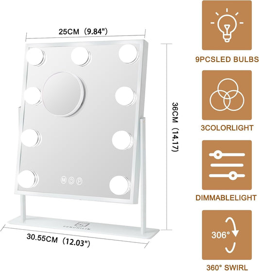 Vanity Mirror Hollywood Makeup LED 9 Bulbs 360 Rotation 10x Magnifier Touch