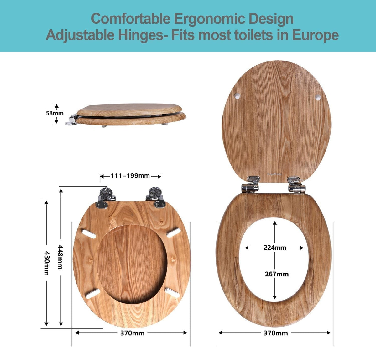 Toilet Seat Wooden Oak Soft Close Oval Quick Release Adjustable Hinges Bathroom