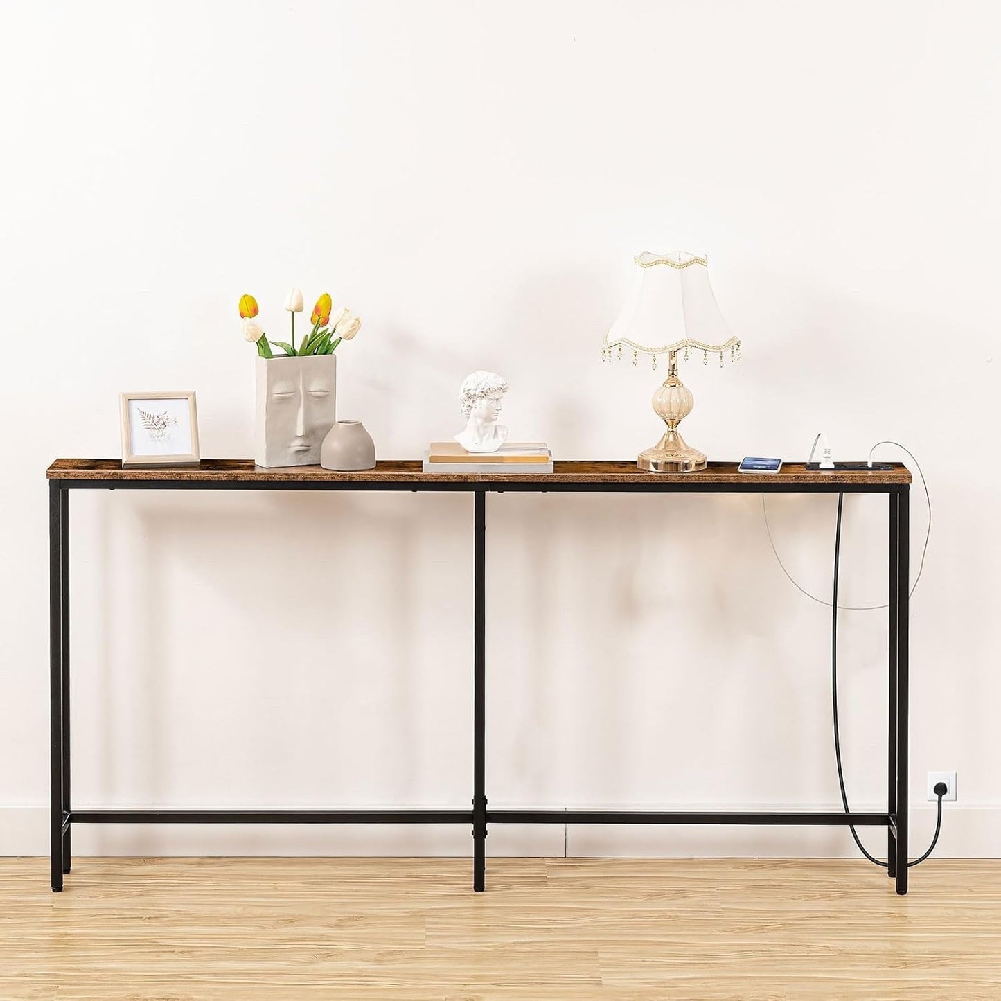 Console Table Charging Station 160cm Slim USB Type-C Sofa Hallway Rustic Brown