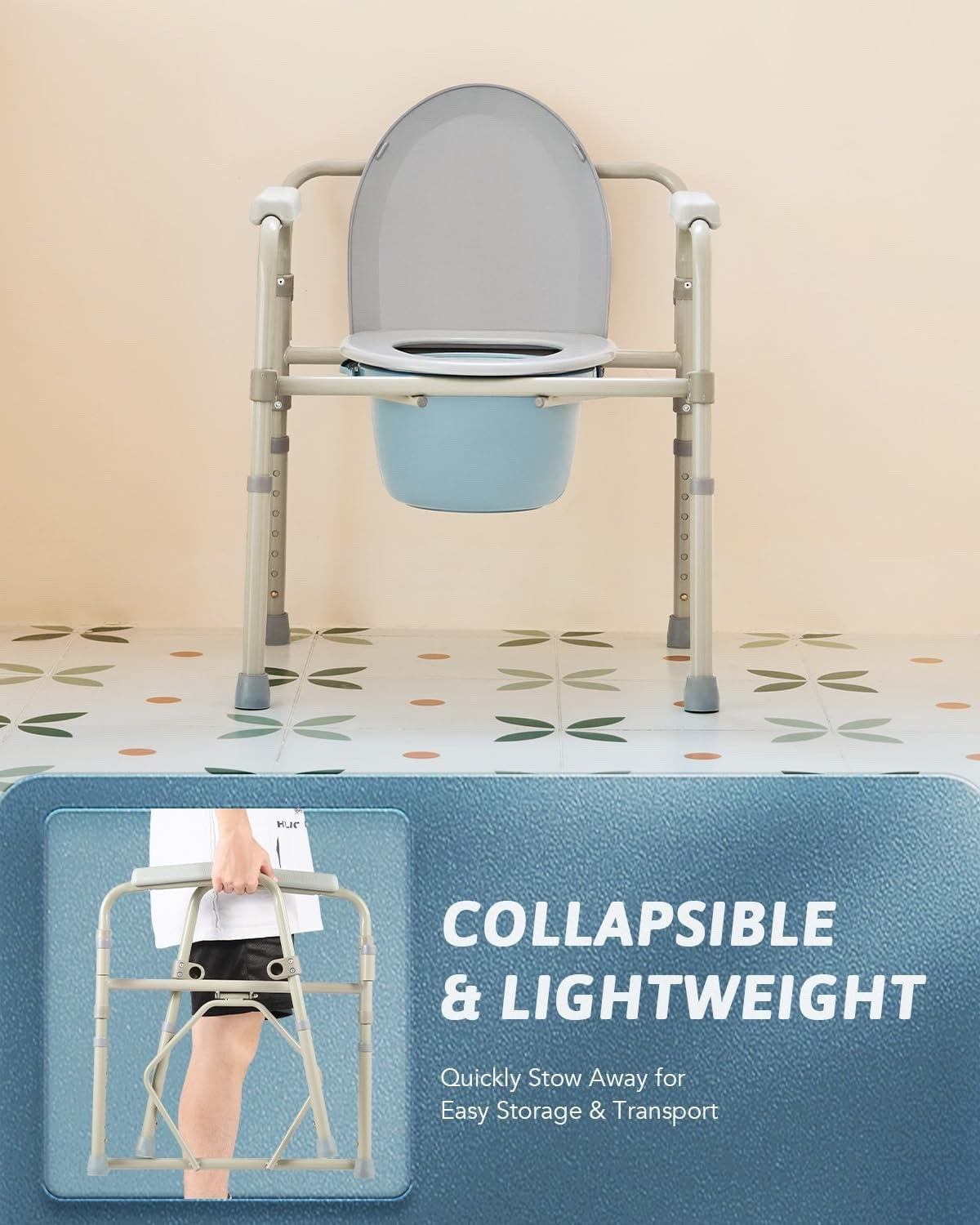 Foldable Bedside Commode Chair Portable Toilet with Pan 136kg Support