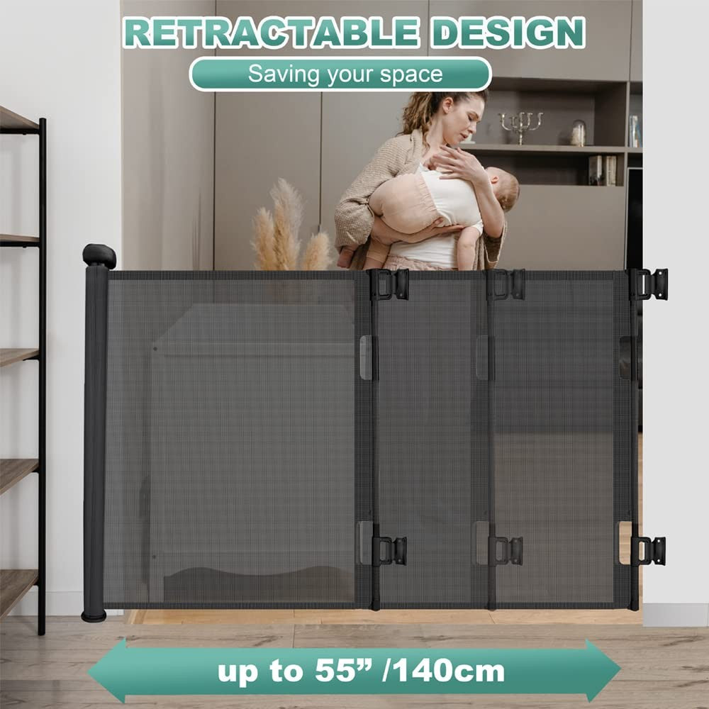 Retractable Stair Gate Extra Wide 140cm One Hand Baby Dog Safety Barrier Black