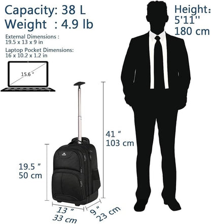 Rolling Laptop Backpack Trolley Wheeled Travel Bag 18 Inch 45L Cabin Black