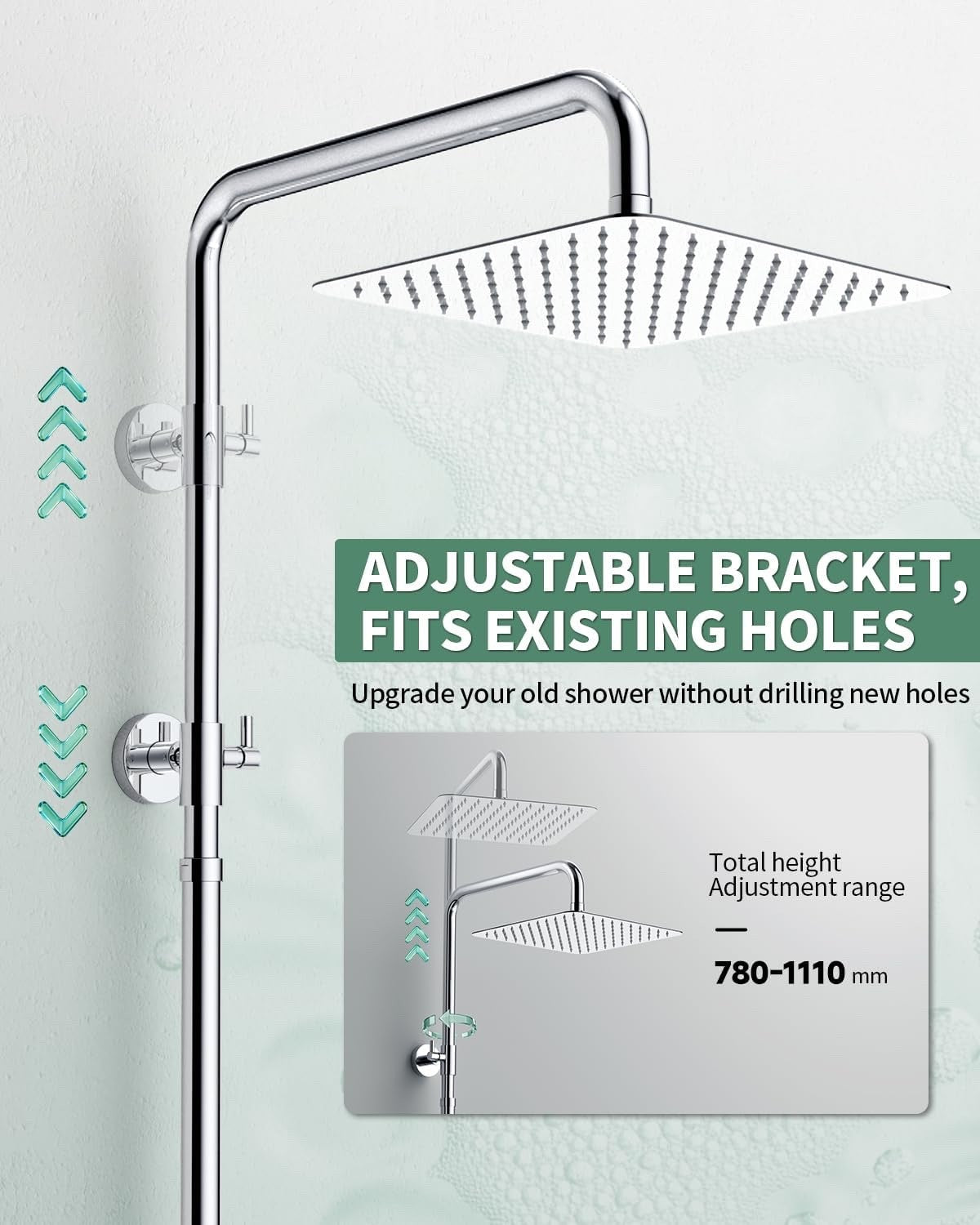Rain Shower System 25x25cm Square Head Handset Adjustable Rail 75-110cm Chrome