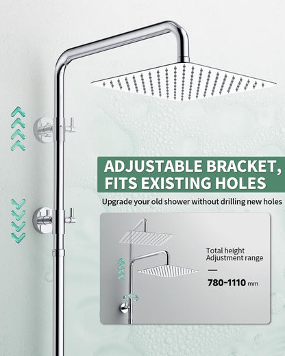 Rain Shower System 25x25cm Square Head Handset Adjustable Rail 75-110cm Chrome