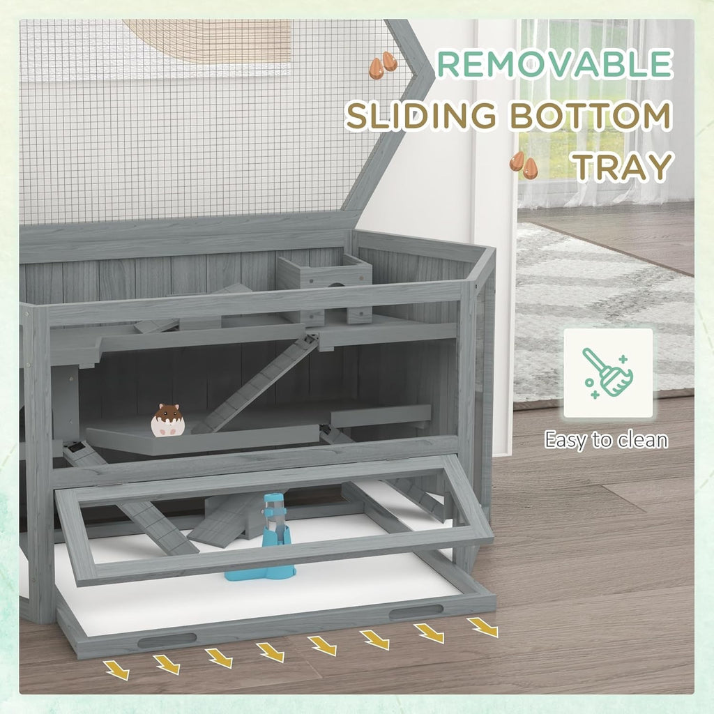 Large Wooden Hamster Cage 3 Tier Small Animal Play House With Tray Bottle Grey