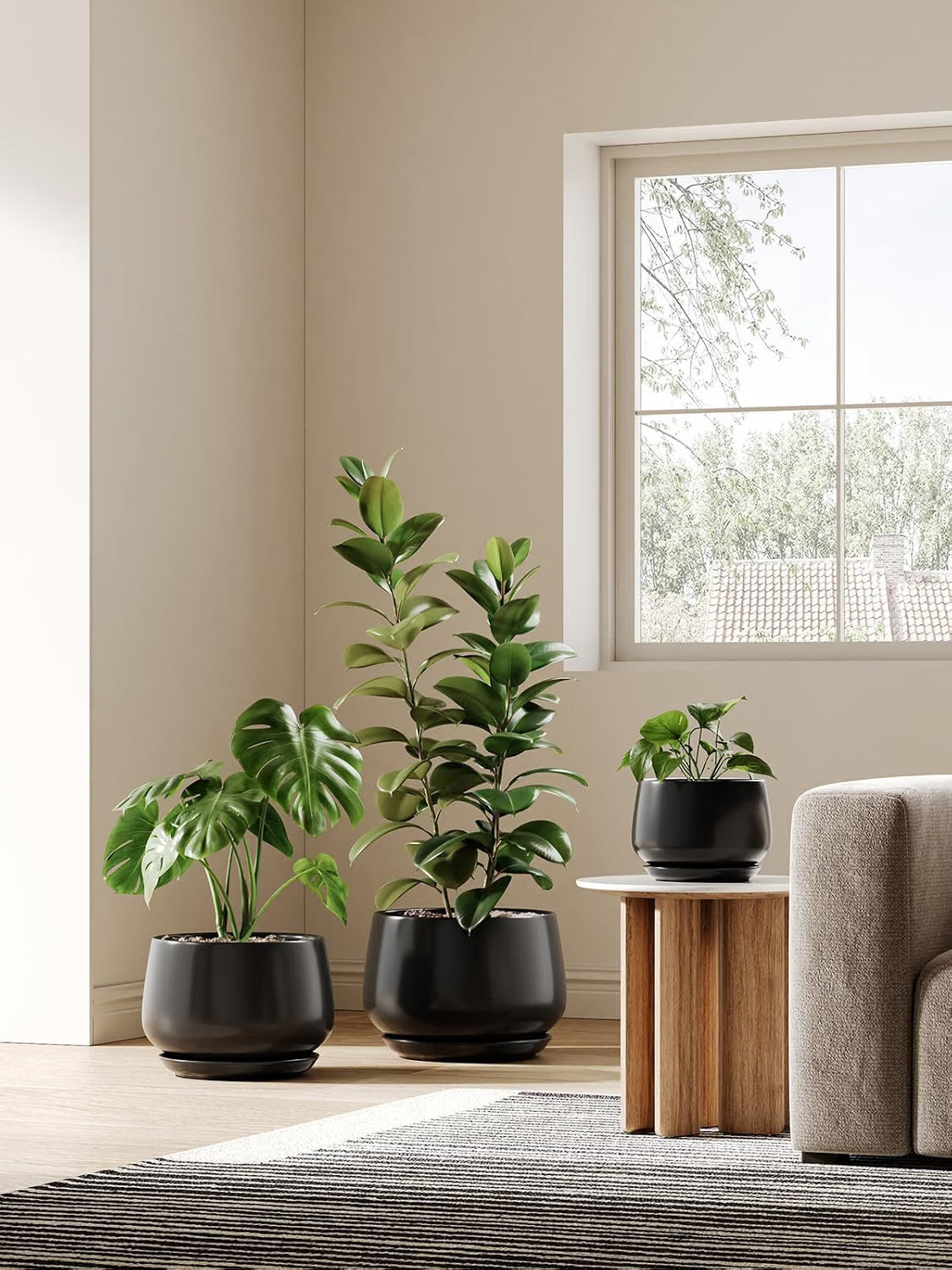 Ceramic Plant Pot 30cm Black Indoor Planter Drainage Hole Saucer Modern