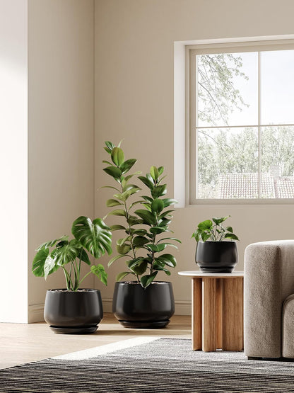 Ceramic Plant Pot 30cm Black Indoor Planter Drainage Hole Saucer Modern