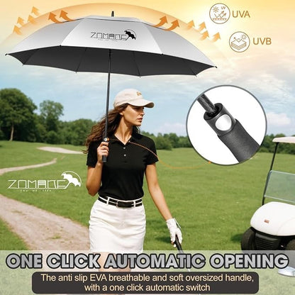 Golf Umbrella Windproof UV 62in XXL Silver Black Double Canopy Auto Open Sun