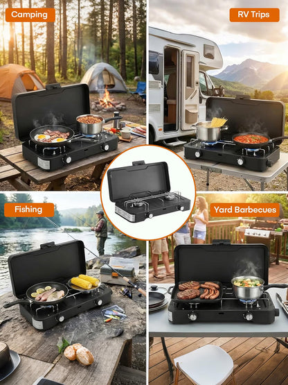 Camping Gas Stove 2 Burner Portable Propane 6000W Adjustable Lid Piezo Ignition