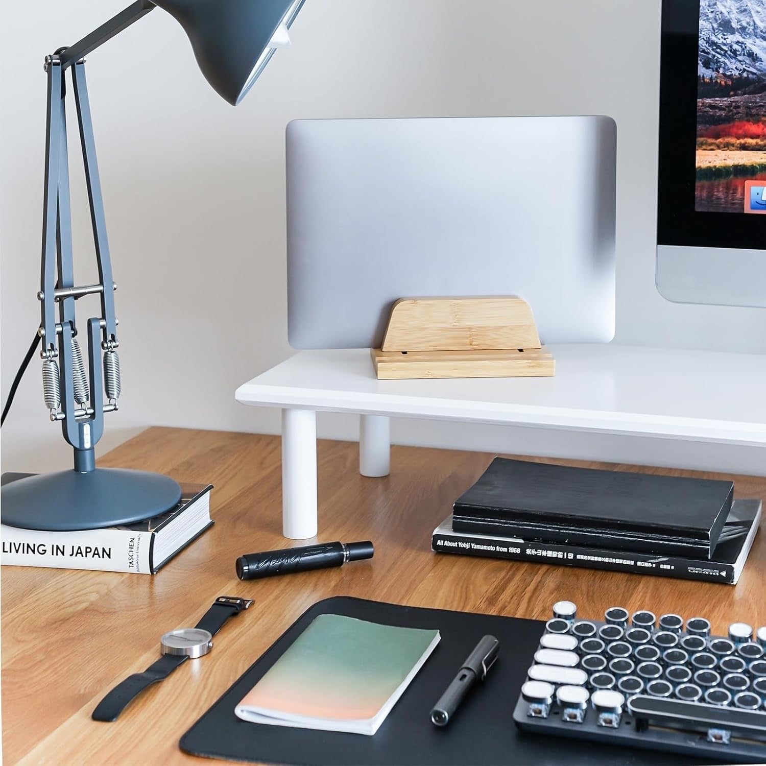 Dual Monitor Stand Riser Bamboo Desk Shelf White Heavy Duty 130lb