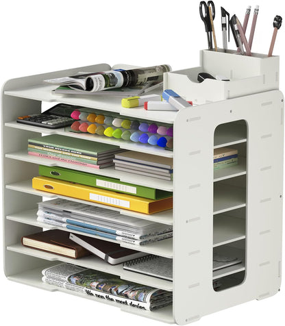 A3 Paper Organizer Desktop Storage 7 Compartment Document Sorter White PVC Rack