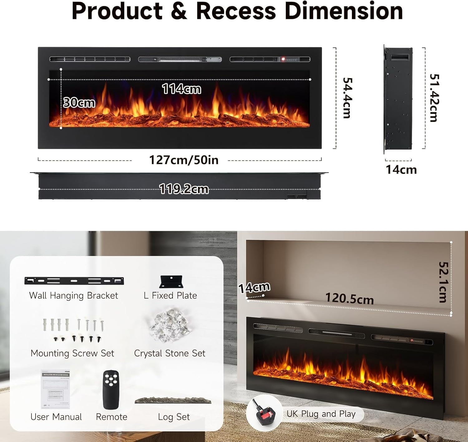 INMOZATA 127cm Electric Fireplace Recessed/Wall 12-Colour LED Flame 900/1800W