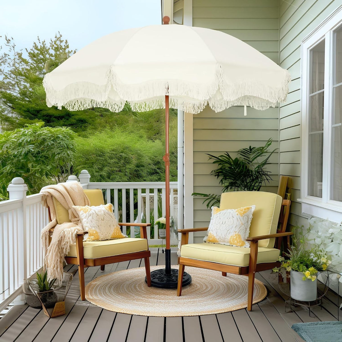 Fringed Beach Umbrella 2m Portable Parasol Ground Drill Ivory UPF50+ Sun Shade