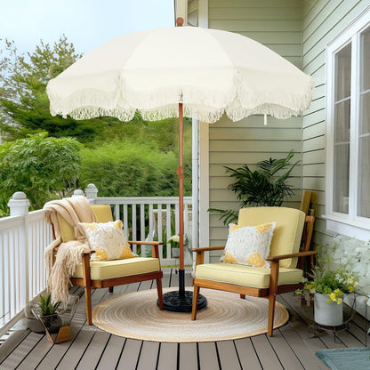 Fringed Beach Umbrella 2m Portable Parasol Ground Drill Ivory UPF50+ Sun Shade