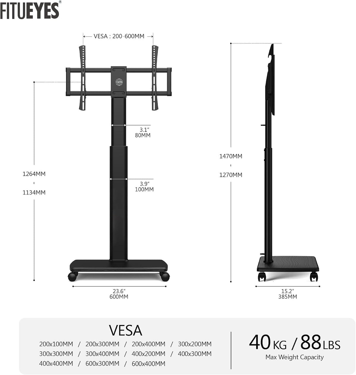 TV Stand Floor Mobile Wheels 32-70in Wooden Shelf Height Adjustable Swivel Black