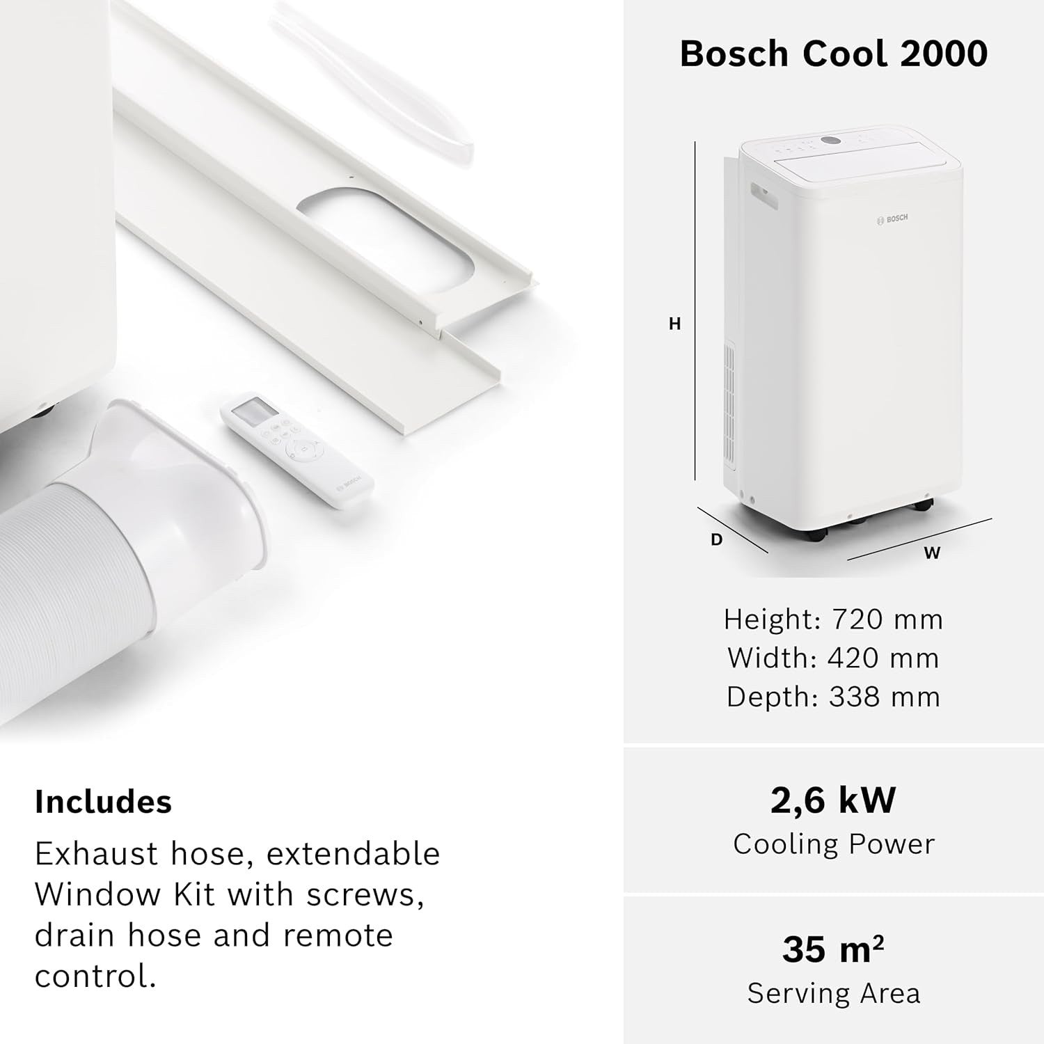 Bosch Cool 2000 Portable AC 3-in-1 Air Conditioner 2.6kW Dehumidifier Fan