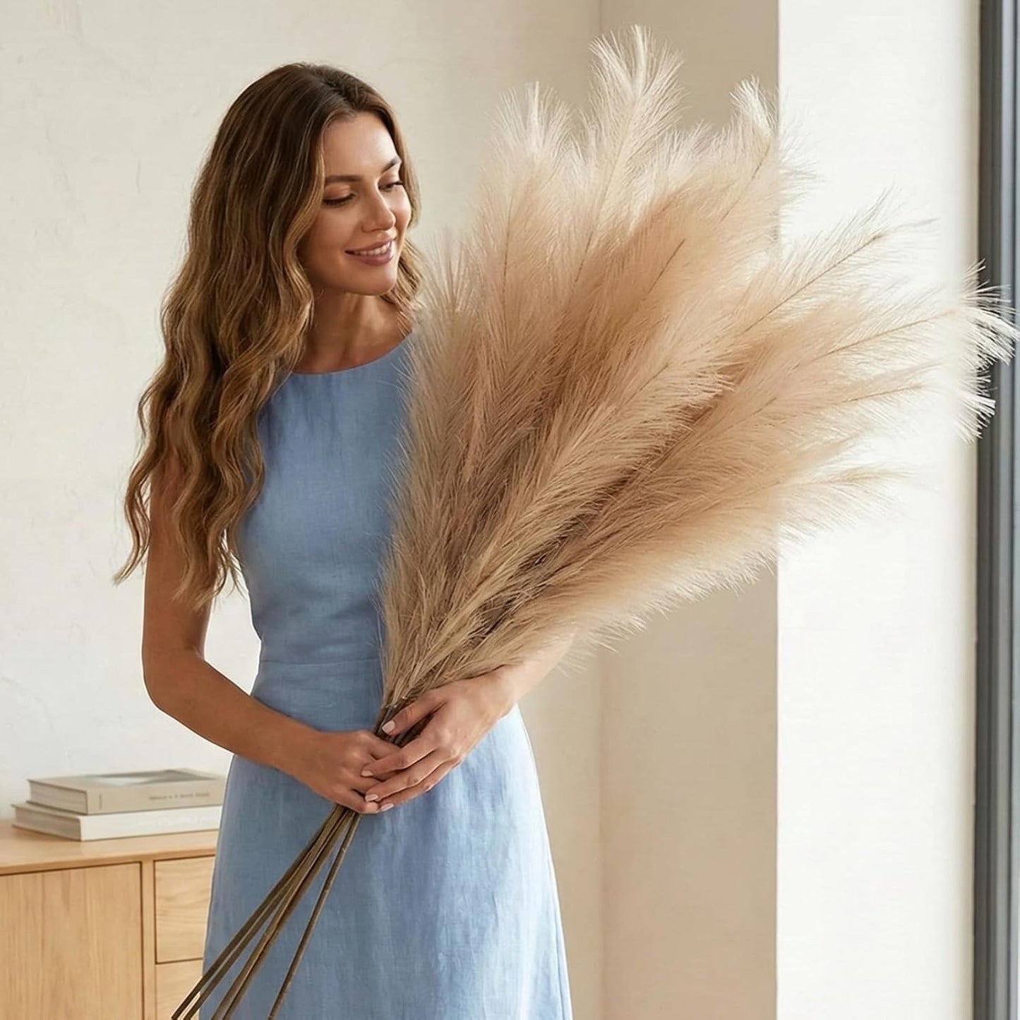 Artificial Pampas Grass 3 Stems 116cm White Large Faux Flowers Tall Vase Decor