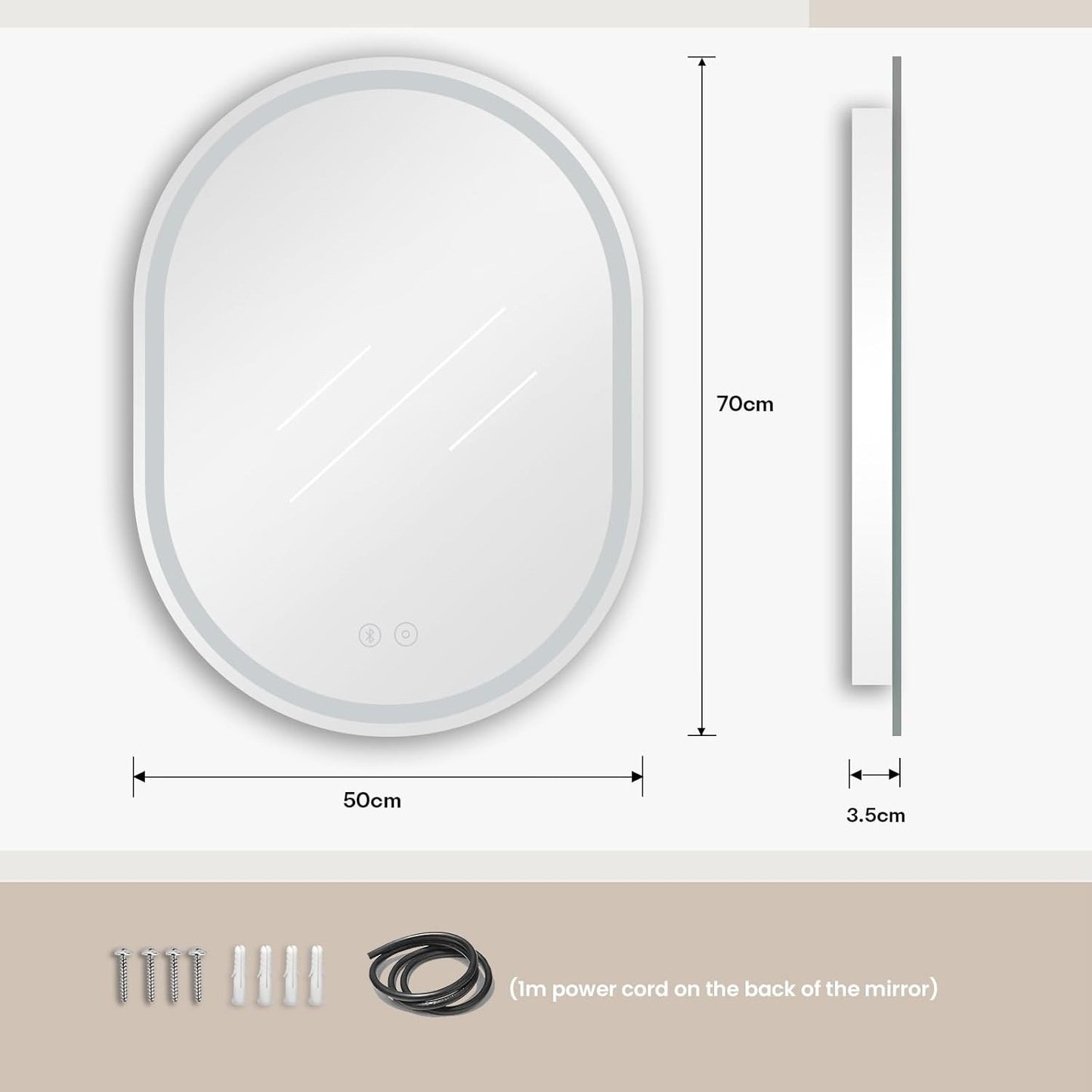Bathroom LED Mirror Bluetooth 500x700mm Oval Demister Dimmable Wall Light IP44