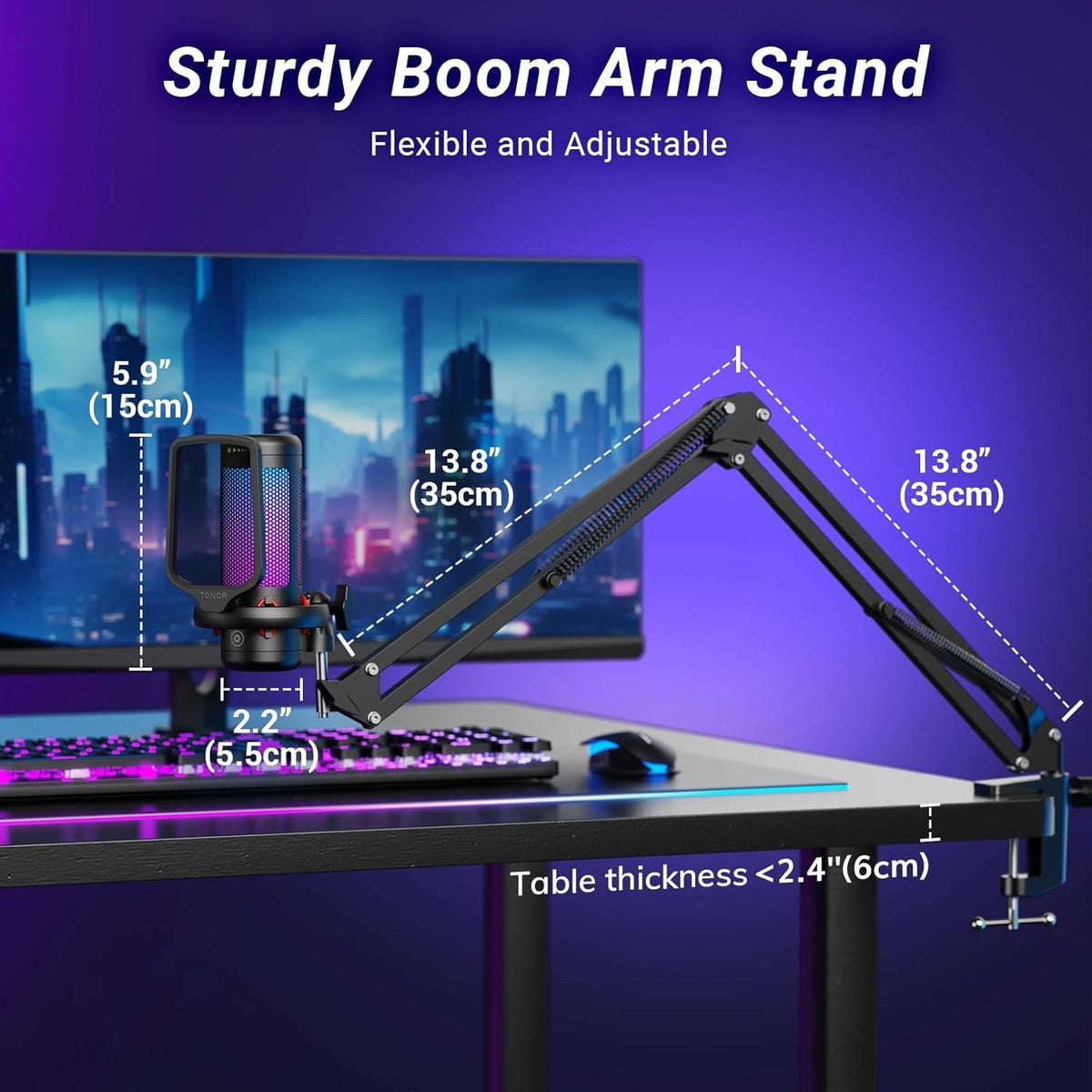 USB Microphone Gaming Condenser RGB Boom Arm Stand PC Streaming Podcast Black