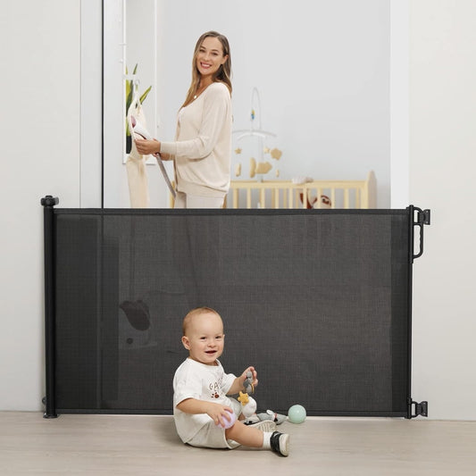Baby Safety Gate Retractable Mesh 140cm Wide 84cm Black Stair Door Pet Barrier