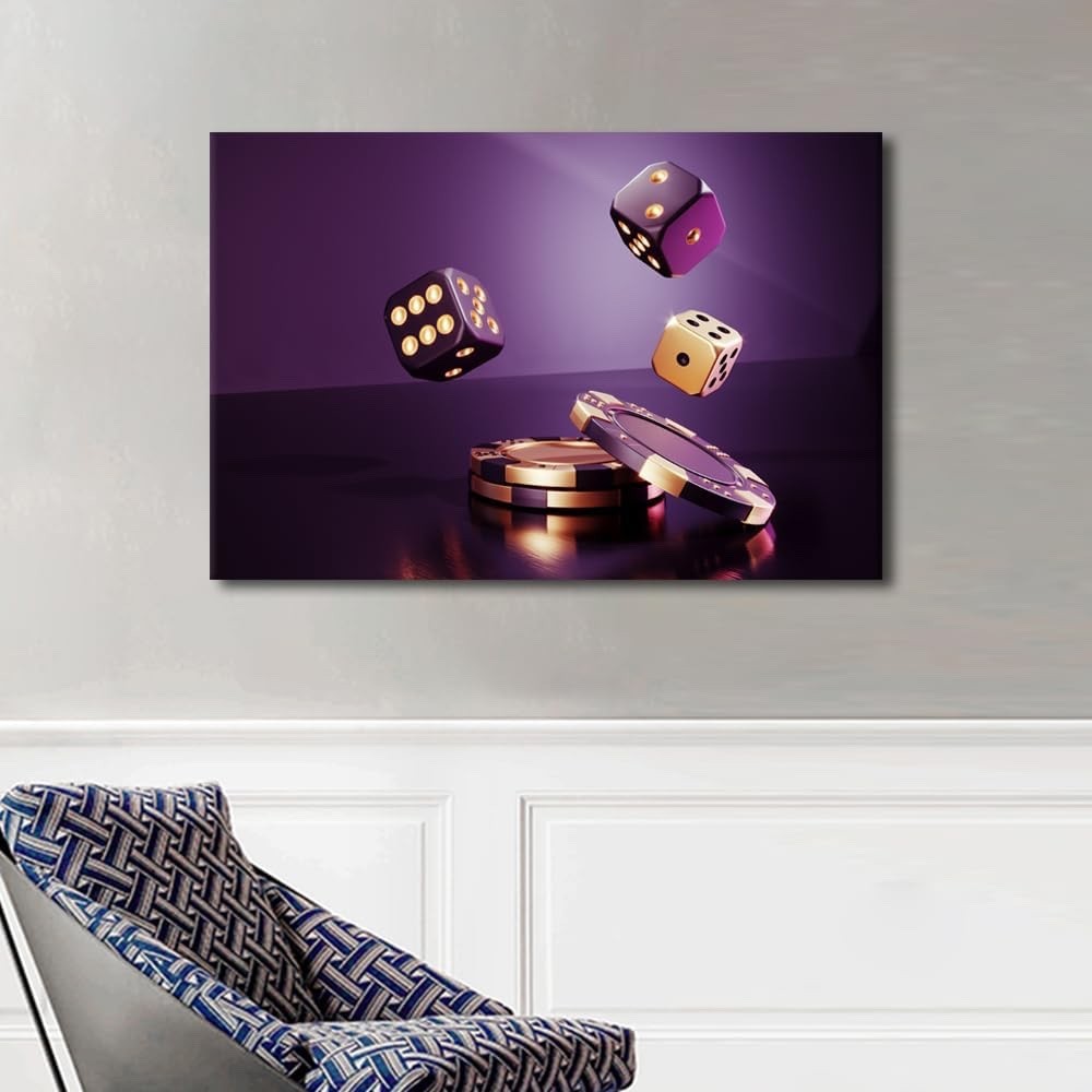 Casino Chips Wall Art Canvas Print Framed 36x24in Poker Dice Game Room Decor