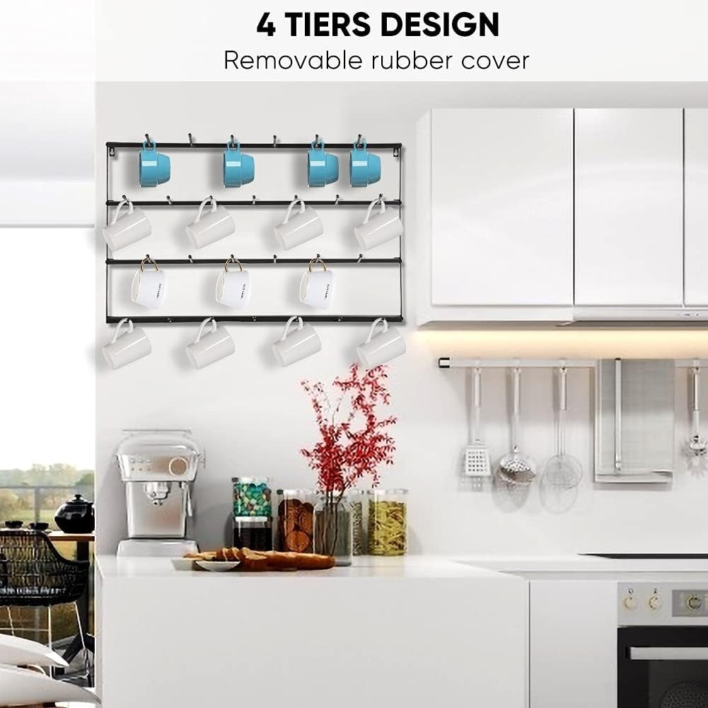 Wall Mounted Mug Holder 4 Tier Wrought Iron Coffee Cup Rack Black