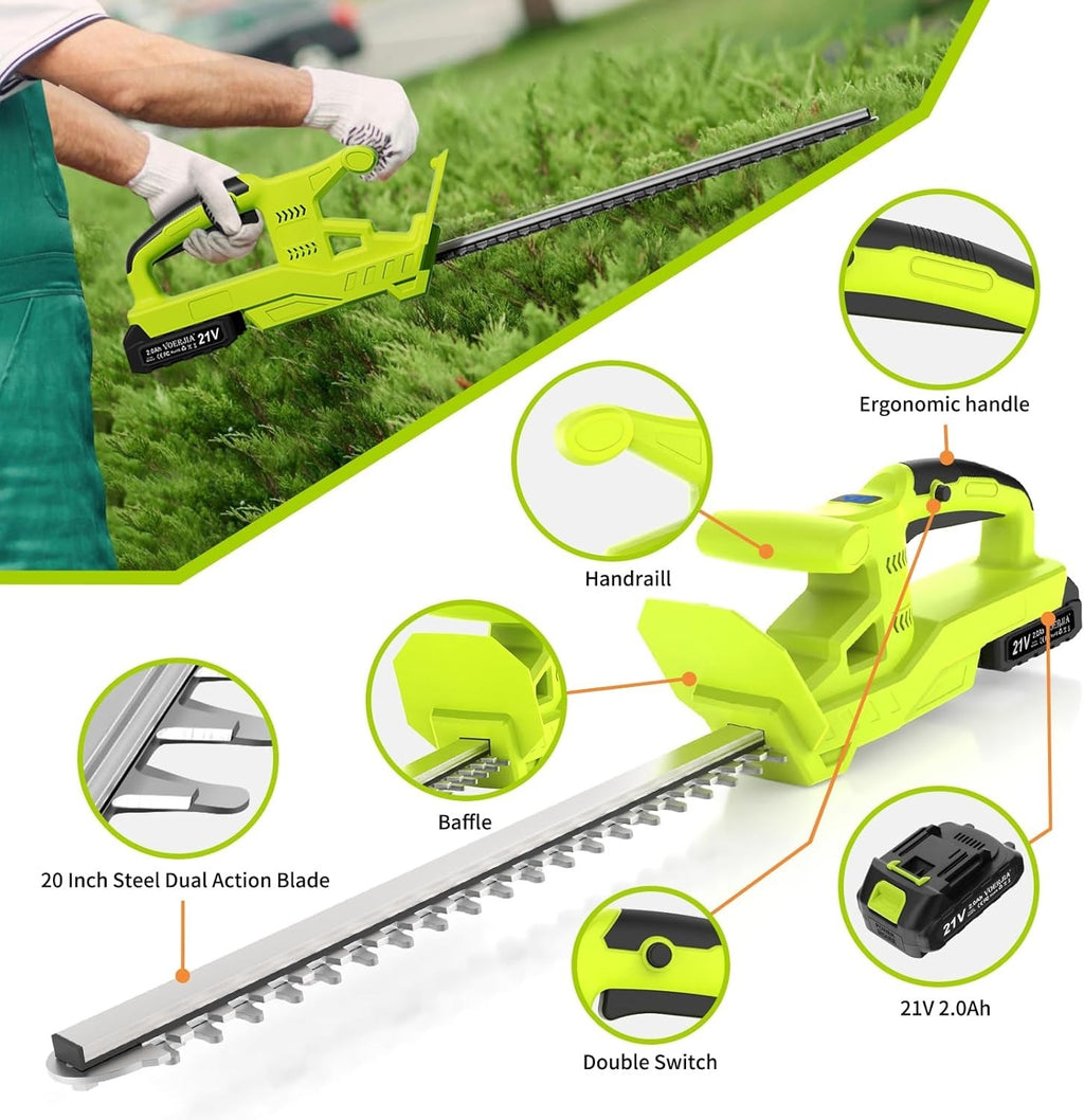 20” Cordless Hedge Trimmer 21V 2x2000mAh Battery 50cm Dual Blade Hedge Cutter