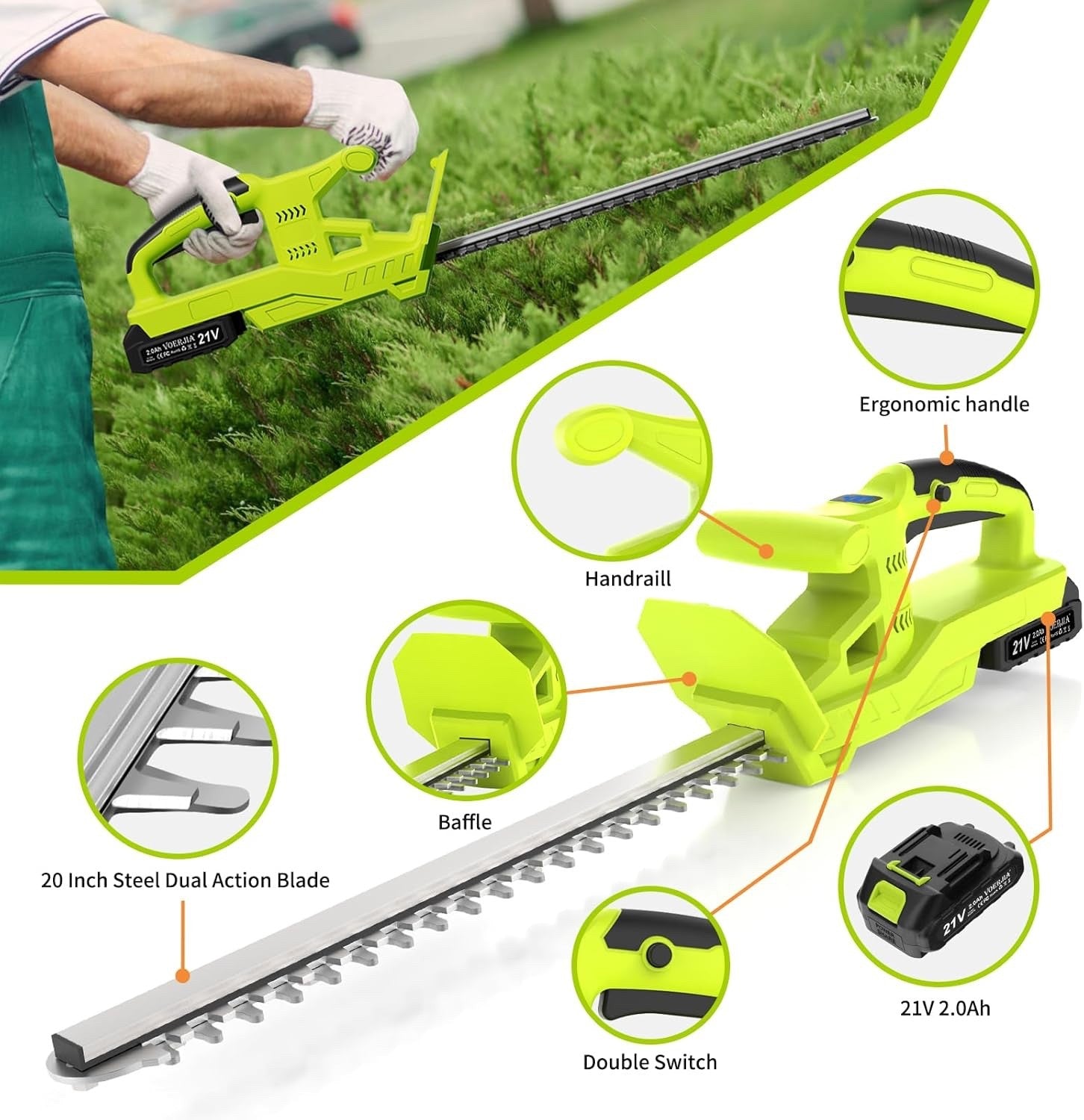 20” Cordless Hedge Trimmer 21V 2x2000mAh Battery 50cm Dual Blade Hedge Cutter