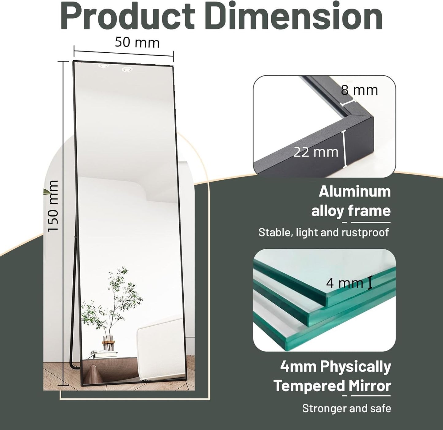 Full Length Floor Mirror 150x50cm Freestanding Leaning Hanging Black Frame Alloy