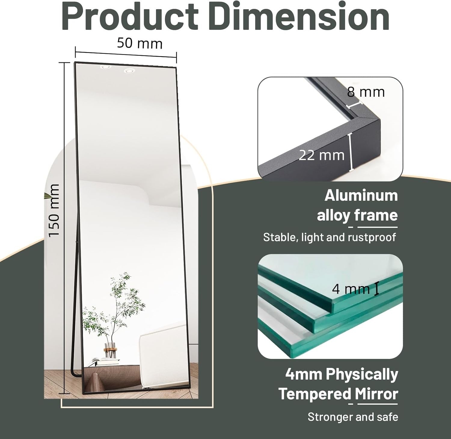 Full Length Floor Mirror 150x50cm Freestanding Leaning Hanging Black Frame Alloy