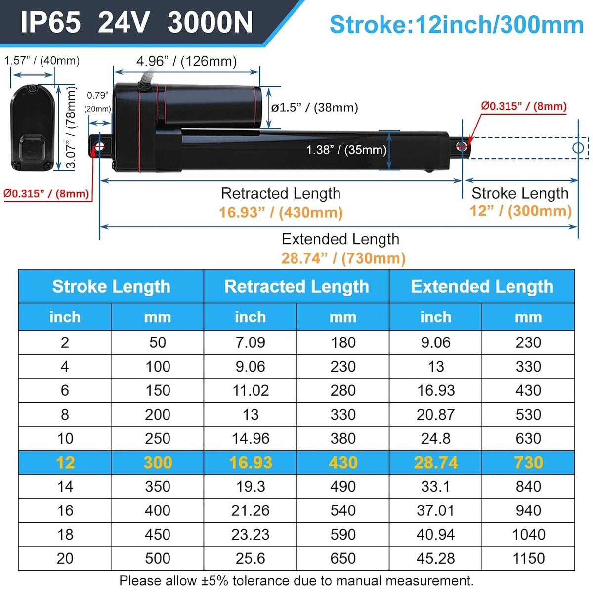 Linear Actuator Motor Electric 550mm 22 Inch 12V DC 3000N IP65 Mounting Brackets