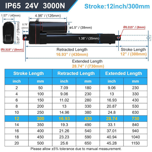 Linear Actuator Motor Electric 550mm 22 Inch 12V DC 3000N IP65 Mounting Brackets