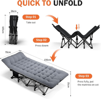 Camping Bed Folding Cot Adult Grey Cushion Portable Carry Bag 450lbs Travel